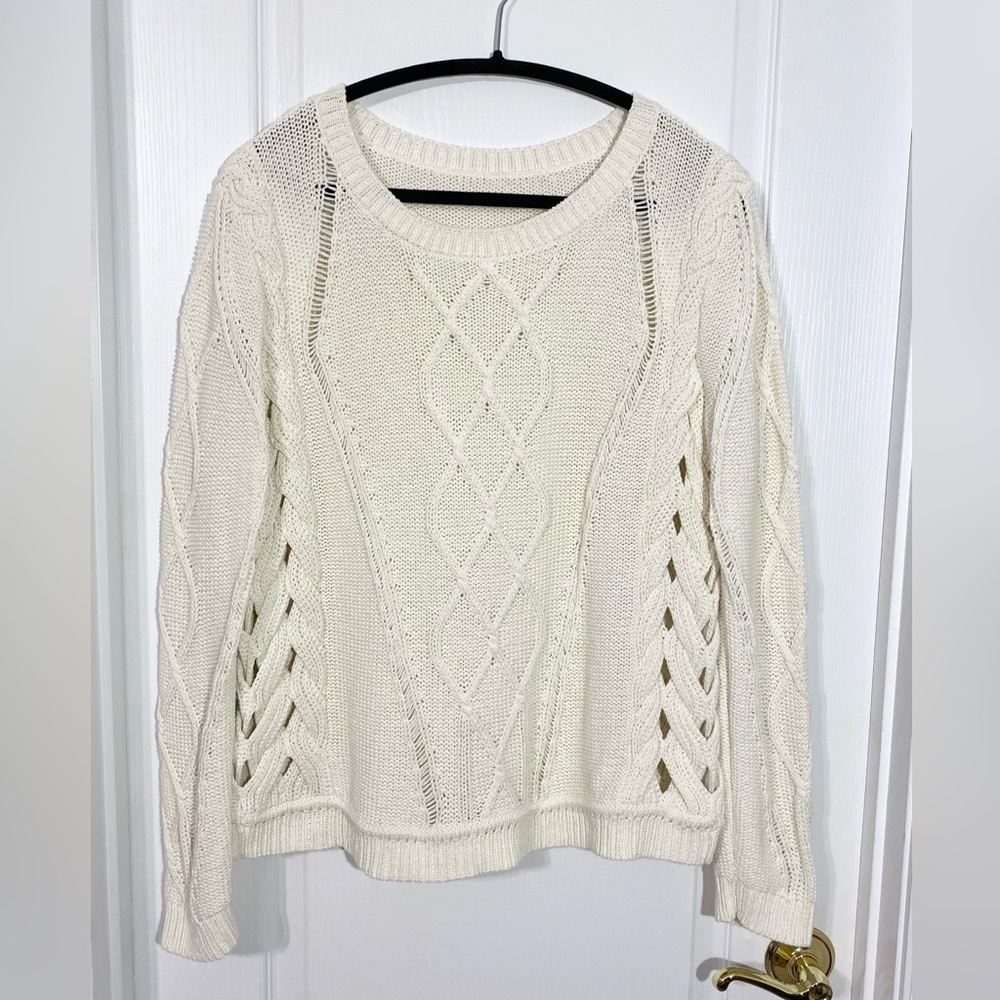 Diane von Furstenberg Lattice Cable Knit Cotton Sweater Ivory Size Large